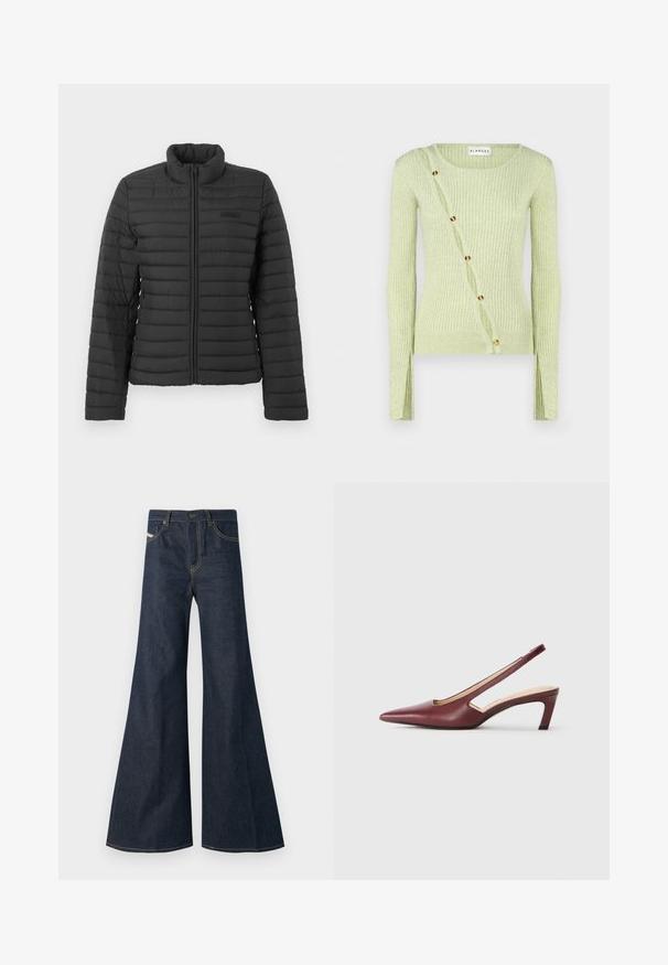 Black quilted jacket with long sleeves, stand-up collar, and front zipper closure, displayed on a plain light background.; Light green ribbed sweater with a round neckline, long sleeves, and a diagonal button closure featuring gold-toned buttons. Soft texture.; Dark blue flared jeans made of denim, featuring a high waist, gold stitching accents, and two front pockets with a button closure.; Burgundy slingback heels with a pointed toe, cutout details on the side, and a mid-height block heel. Smooth leather finish.