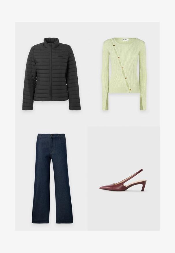 Black quilted jacket with long sleeves, stand-up collar, and front zipper closure, displayed on a plain light background.; Light green ribbed sweater with a round neckline, long sleeves, and a diagonal button closure featuring gold-toned buttons. Soft texture.; Dark blue wide-leg jeans made from denim, featuring a classic five-pocket design, button closure, and subtle stitching details.; Burgundy slingback heels with a pointed toe, cutout details on the side, and a mid-height block heel. Smooth leather finish.