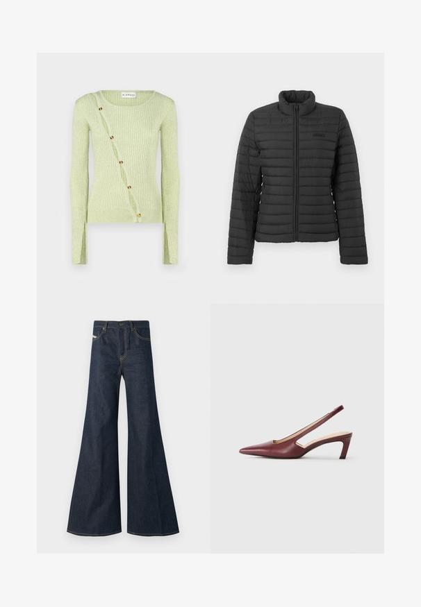 Black quilted jacket with long sleeves, stand-up collar, and front zipper closure, displayed on a plain light background.; Light green ribbed sweater with a round neckline, long sleeves, and a diagonal button closure featuring gold-toned buttons. Soft texture.; Dark blue flared jeans made of denim, featuring a high waist, gold stitching accents, and two front pockets with a button closure.; Burgundy slingback heels with a pointed toe, cutout details on the side, and a mid-height block heel. Smooth leather finish.