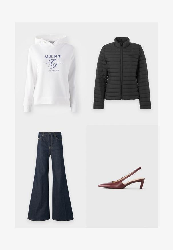 Black quilted jacket with long sleeves, stand-up collar, and front zipper closure, displayed on a plain light background.; White hoodie with a front kangaroo pocket, featuring navy blue text that reads "GANT EST. 1949 NEW HAVEN" and a large, stylized "G" logo.; Dark blue flared jeans made of denim, featuring a high waist, gold stitching accents, and two front pockets with a button closure.; Burgundy slingback heels with a pointed toe, cutout details on the side, and a mid-height block heel. Smooth leather finish.