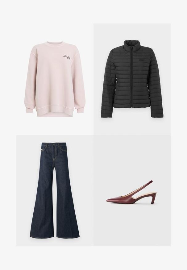 Jachetă neagră matlasată cu mâneci lungi, guler drept, și închidere cu fermoar frontală, expusă pe un fundal simplu deschis.; Hanorac roz deschis, realizat dintr-un material moale. Dispune de guler rotund, mâneci lungi și detaliu cu logo pe partea stângă a pieptului. Croi lejer.; Jeans negri închis, evazați, din denim, având talie înaltă, accente din fir auriu și două buzunare frontale cu închidere prin buton.; Sandale cu toc mediu, de culoare Burgundy, cu vârf ascuțit, detalii decupate pe lateral și toc bloc. Finisaj din piele netedă.