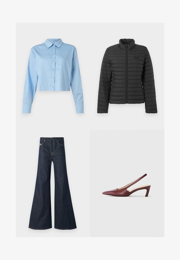 Fekete steppelt dzseki hosszú ujjakkal, álló gallérral és elöl cipzárral, sima világos háttéren bemutatva.; Világoskék, rövidre vágott ing, gallérral, hosszú ujjal és illő gombokkal, sima pamut anyagból készült.; Sötétkék, bővülő farmernadrág, magas derékkal, aranyvarrás kiemelésekkel, és két elülső zsebbel, gombos záródással.; Burgundy színű, hegyes orrú, oldalán kivágott részletekkel rendelkező slingback sarkú cipők, közepes magasságú tömbsarkúval. Sima bőrfelület.