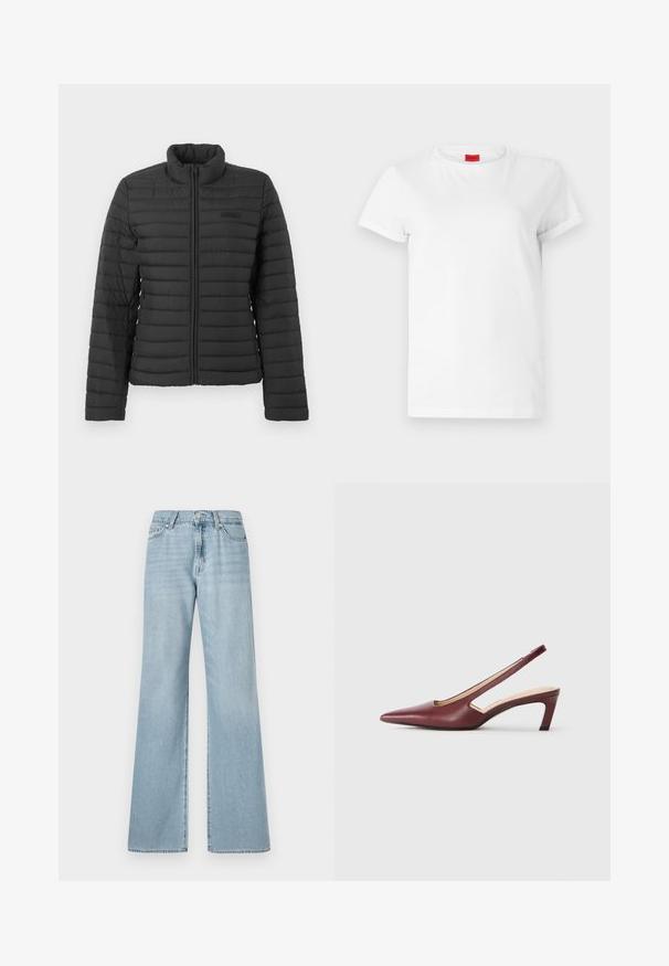 Fekete steppelt dzseki hosszú ujjakkal, álló gallérral és elöl cipzárral, sima világos háttéren bemutatva.; Fehér, rövid ujjú póló, könnyű pamutból készült. Kerek nyakkivágással és felgöngyölt ujjakra rendelkezik. Piros logós címke a galléron.; Világoskék, bő szárú farmernadrág, magas derékkal, elülső zsebekkel és enyhe kopással az anyagon.; Burgundy színű, hegyes orrú, oldalán kivágott részletekkel rendelkező slingback sarkú cipők, közepes magasságú tömbsarkúval. Sima bőrfelület.