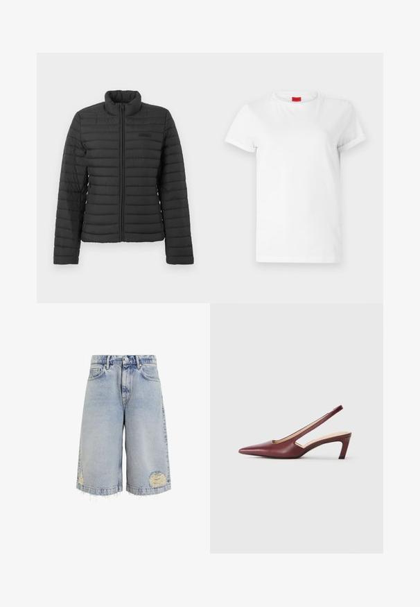 Jachetă neagră matlasată cu mâneci lungi, guler drept, și închidere cu fermoar frontală, expusă pe un fundal simplu deschis.; Tricou alb cu maneci scurte, fabricat din bumbac subtire. Are un decolteu rotund și mâneci răsucite. Etichetă roșie cu logo pe guler.; Shorts din denim de un albastru deschis, cu croi larg, margine desfăcută și zone deteriorate cu cusături vizibile. Design clasic cu cinci buzunare.; Sandale cu toc mediu, de culoare Burgundy, cu vârf ascuțit, detalii decupate pe lateral și toc bloc. Finisaj din piele netedă.