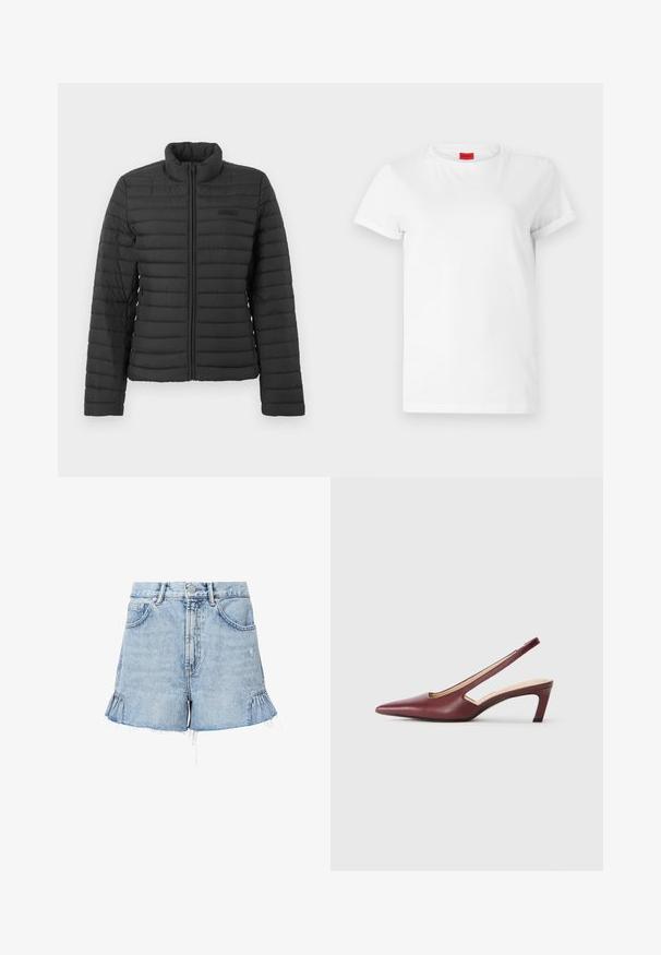 Jachetă neagră matlasată cu mâneci lungi, guler drept, și închidere cu fermoar frontală, expusă pe un fundal simplu deschis.; Tricou alb cu maneci scurte, fabricat din bumbac subtire. Are un decolteu rotund și mâneci răsucite. Etichetă roșie cu logo pe guler.; Șorturi din denim bleu deschis, cu margini desfăcute, având volănașe pe laterale, buzunare frontale și închidere cu nasture și fermoar.; Sandale cu toc mediu, de culoare Burgundy, cu vârf ascuțit, detalii decupate pe lateral și toc bloc. Finisaj din piele netedă.