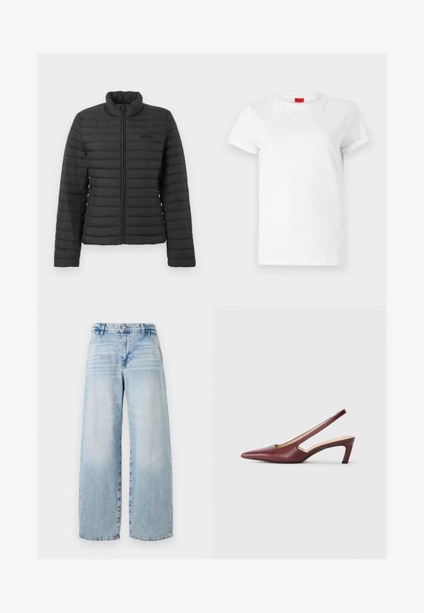 Casaco preto acolchoado com mangas longas, gola alta e fecho de correr à frente, exibido sobre um fundo claro e liso.; T-shirt branca de manga curta feita de algodão leve. Apresenta um decote redondo e mangas dobradas. Etiqueta de logotipo vermelha na gola.; Jeans de ganga de perna larga em azul-claro com cintura alta, efeito de desgaste subtil, bainha crua e design clássico de cinco bolsos.; Sapatos de salto slingback em bordeaux com bico pormenorizado, detalhes recortados na lateral e um salto quadrado de altura média. Acabamento em pele suave.