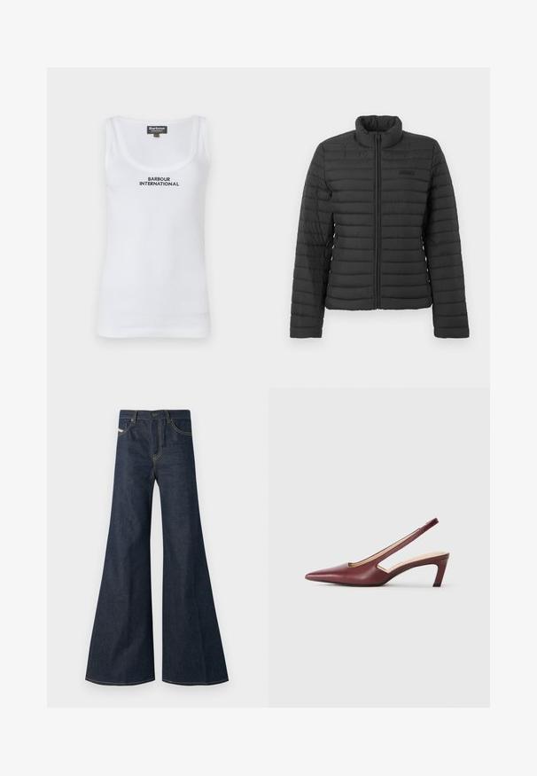 Black quilted jacket with long sleeves, stand-up collar, and front zipper closure, displayed on a plain light background.; White cotton tank top with a scoop neck, featuring "BARBOUR INTERNATIONAL" embroidered in black. Smooth texture, sleeveless design.; Dark blue flared jeans made of denim, featuring a high waist, gold stitching accents, and two front pockets with a button closure.; Burgundy slingback heels with a pointed toe, cutout details on the side, and a mid-height block heel. Smooth leather finish.