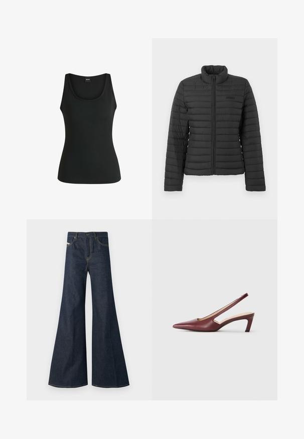 Black quilted jacket with long sleeves, stand-up collar, and front zipper closure, displayed on a plain light background.; Black ribbed tank top with a round neckline and wide straps. Smooth texture and fitted design, featuring minimal stitching details.; Dark blue flared jeans made of denim, featuring a high waist, gold stitching accents, and two front pockets with a button closure.; Burgundy slingback heels with a pointed toe, cutout details on the side, and a mid-height block heel. Smooth leather finish.