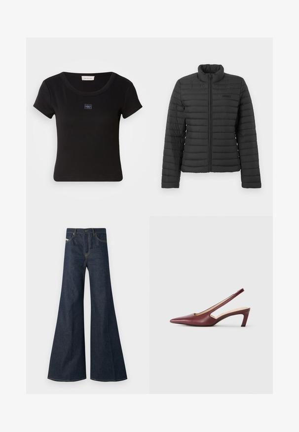 Fekete steppelt dzseki hosszú ujjakkal, álló gallérral és elöl cipzárral, sima világos háttéren bemutatva.; Fekete, rövid ujjú póló bordázott textúrával, kis logó felvarrással a mellkason és kerek nyakkivágással.; Sötétkék, bővülő farmernadrág, magas derékkal, aranyvarrás kiemelésekkel, és két elülső zsebbel, gombos záródással.; Burgundy színű, hegyes orrú, oldalán kivágott részletekkel rendelkező slingback sarkú cipők, közepes magasságú tömbsarkúval. Sima bőrfelület.