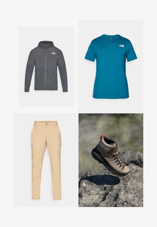 Jachetă din fâș gri cu fermoar frontal, glugă și panouri texturate contrastante. Are logo-ul The North Face pe partea stângă sus.; Tricou scurt cu mâneci, de culoare teal, realizat din bumbac moale, având un logo alb imprimat pe pieptul stâng și un design clasic cu guler rotund.; Pantaloni cargo bej, cu închidere prin buton, croială slim, buzunare laterale și un material fin din bumbac. Fără modele sau accente vizibile.; Ghete de drumeție din daim taupe și talpă din cauciuc închis, cu accente roșii, ochiuri metalice și șireturi portocalii, ridicate deasupra unei suprafețe stâncoase.