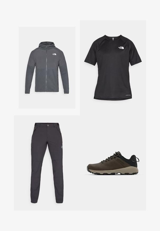 Pelēks flīsa jaka ar iepriekšēju rāvējslēdzēju, kapuci un kontrastējošiem teksturētiem paneļiem. Uz augšējā kreisā stūra atrodas brenda The North Face logo.; Melna sporta krekla īsām piedurknēm ar strukturētu audumu, kas ir ar baltu logotipu kreisajā krūtīs un taisnu apakšmalu.; Tumši pelēki āra bikses ar šauru piegriezumu, izgatavotas no elastīga materiāla. Iekļauj trīs kabatas ar rāvējslēdzējiem un logotipa detaļu.; Brūni ūdensnecaurlaidīgi sporta apavi ar teksturētu virsu, perforētiem akcentiem, melnu papēža atbalstu un pelēku gumijas zoli. Šņores veidotas ar metāliskiem galiem.
