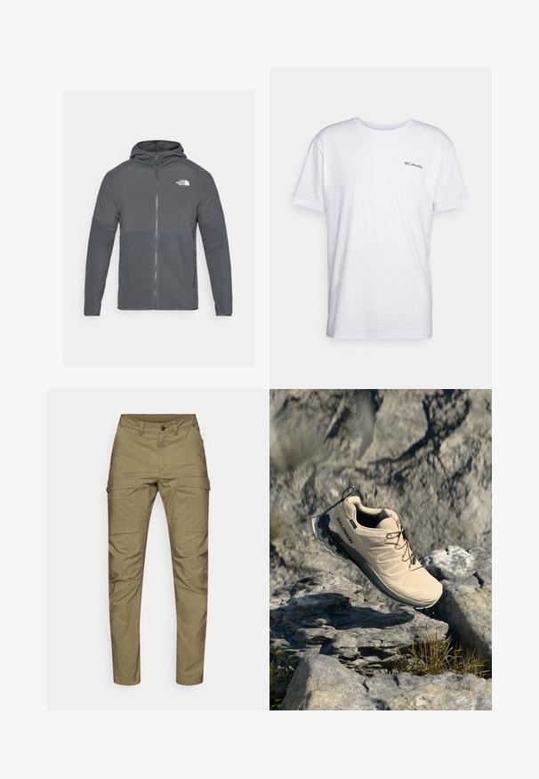 Pelēks flīsa jaka ar iepriekšēju rāvējslēdzēju, kapuci un kontrastējošiem teksturētiem paneļiem. Uz augšējā kreisā stūra atrodas brenda The North Face logo.; Balta kokvilnas t-krekls ar īsām piedurknēm, apaļu kakla izgriezumu un nelielu melnu Columbia logotipu, kas izdrukāts uz krūtīm. Gluda tekstūra.; Khaki kravas bikses, kas izgatavotas no izturīga auduma, ar taisna kājas dizainu, vairākām priekšējām kabatām un ar rāvējslēdzēju, kas aizveras ar pogu.; Gaišbrūns Salomon skriešanas apavu modelis ir gaisā virs akmeņainas āra ainavas ar izkaisītām zālēm un mazām akmens kankariem.