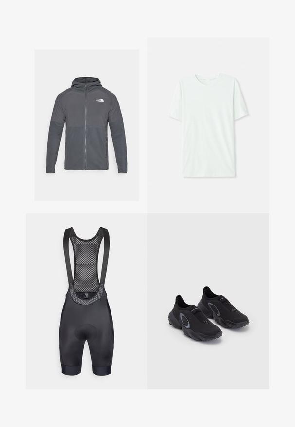 Harmaa fleece-takki, jossa on vetoketjullinen etuosa, huppu ja erottuvat rakennepaneelit. Takissa on The North Face -logo vasemmassa yläkulmassa.; Vihreä mintun värinen lyhythihainen t-paita, joka on valmistettu pehmeästä kankaasta. Siinä on pyöreä kaula-aukko ja yksinkertainen, suora leikkaus ilman koristeita.; Mustat pyöräilyhousut, joissa on verkkokangas takana, pehmustettu istuinosa ja joustavat lahkeensuut mukavuutta ja istuvuutta varten.; Mustat liukupohjaiset lenkkarit, joissa on teksturoitu yläosa ja kumipohja. Ominaisuuksiin kuuluu harmaa pyöreä koriste ja joustava nauha jalkapöydän kohdalla istuvuuden parantamiseksi.