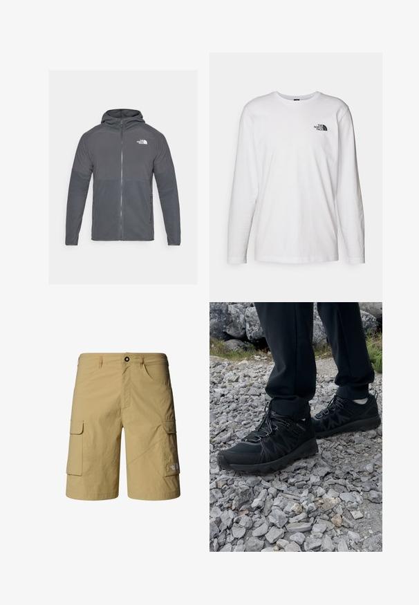 Grijze fleece jack met een rits aan de voorkant, capuchon en contrasterende textuurpanelen. Voorzien van het The North Face-logo op de bovenste linkerzijde.; Witte lange mouwen T-shirt gemaakt van katoen met een ronde hals. Beschikt over een klein zwart logo op de borst. Soepele textuur, normale pasvorm.; Beige cargoshorts van lichtgewicht stof met twee zijzakken en twee cargozakken. Voorzien van een knoopsluiting en riemlussen.; Zwarte buitenschoenen van mesh en synthetisch materiaal, met een gestructureerd bovenwerk, een beveiligd vetersysteem en een robuuste zool, op een ruig terrein.