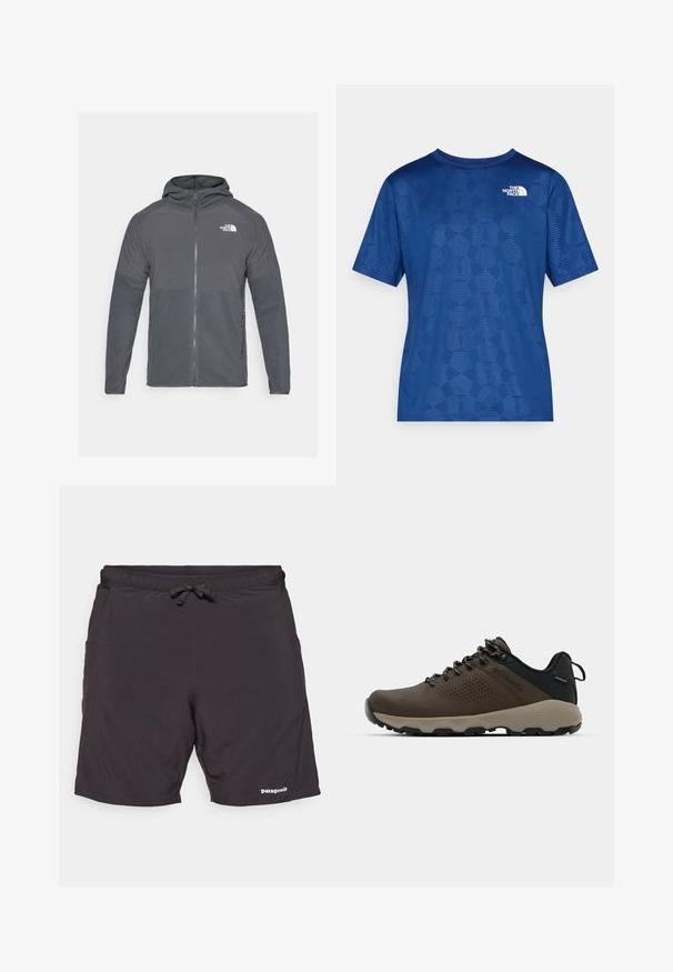 Pelēks flīsa jaka ar iepriekšēju rāvējslēdzēju, kapuci un kontrastējošiem teksturētiem paneļiem. Uz augšējā kreisā stūra atrodas brenda The North Face logo.; Zils īsām piedurknēm krekls ar teksturētu ģeometrisku rakstu un balto logo kreisajā augšējā stūrī. Izgatavots no viegla, elpojoša materiāla.; Patagonia STRIDER PRO - Āra šorti - black; Brūni ūdensnecaurlaidīgi sporta apavi ar teksturētu virsu, perforētiem akcentiem, melnu papēža atbalstu un pelēku gumijas zoli. Šņores veidotas ar metāliskiem galiem.