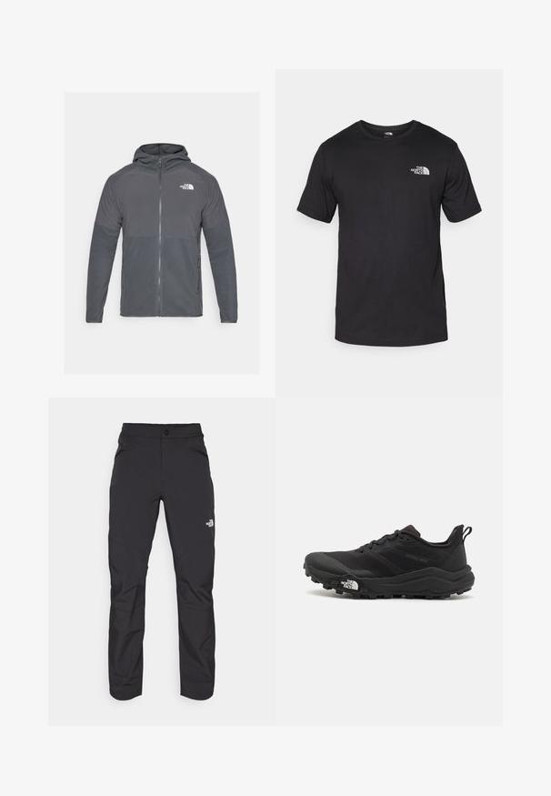 Sivi flis jakna s patentnim zatvaračem sprijeda, kapuljačom i kontrastnim teksturiranim panelima. Sadrži logotip The North Face na gornjoj lijevoj strani.; Crna majica kratkih rukava od pamuka, s okruglim izrezom i malim bijelim logotipom na gornjem lijevom dijelu prsnog koša.; Crne hlače za vanjsko nošenje s patentnim zatvaračem na prednjem džepu, sintetički materijal, sužavajuće nogavice i ojačane koljenice. Sadrži zatvaranje na gumb.; Crne trail trkačke cipele s teksturiranim gornjim dijelom, gumeni potplat i ojačana zaštita za prste. Imaju podstavljen ovratnik i trakicu za lakše obuvanje.
