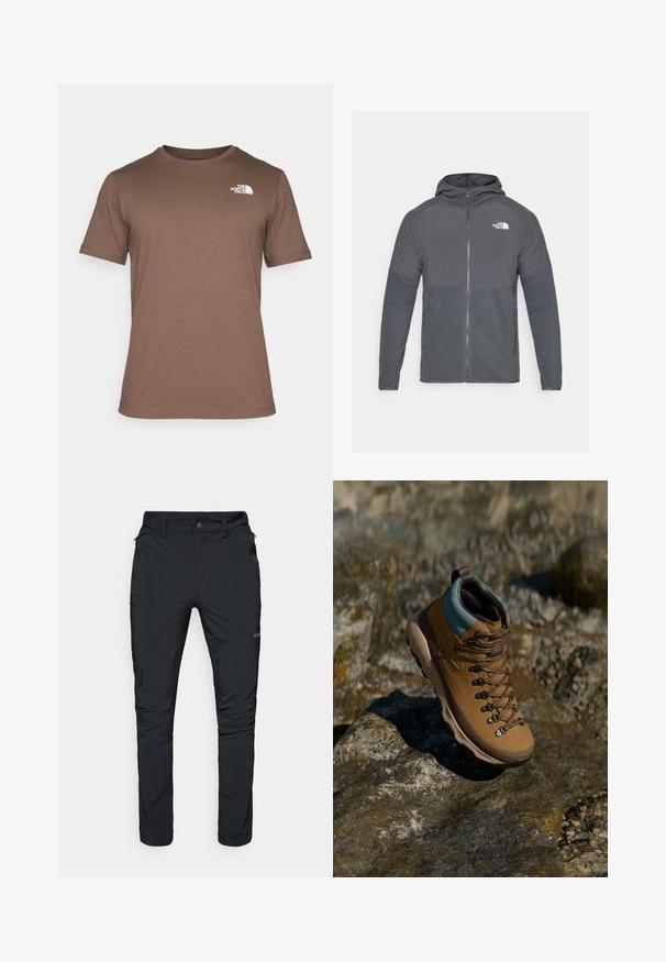 Casaco de polar cinza com fecho éclair na frente, capuz e painéis texturizados em contraste. Apresenta o logo da The North Face no lado superior esquerdo.; The North Face M SS BOX NSE TEE - T-shirt estampada - smokey brown/black; Calças de exterior pretas com um corte reto, com bolsos com fecho, passantes para cinto e uma textura de tecido leve e durável.; Bota de caminhada castanha com uma parte superior sintética, colarinho azul claro, ilhós de metal e sola de borracha texturizada. Projetada para atividades ao ar livre.
