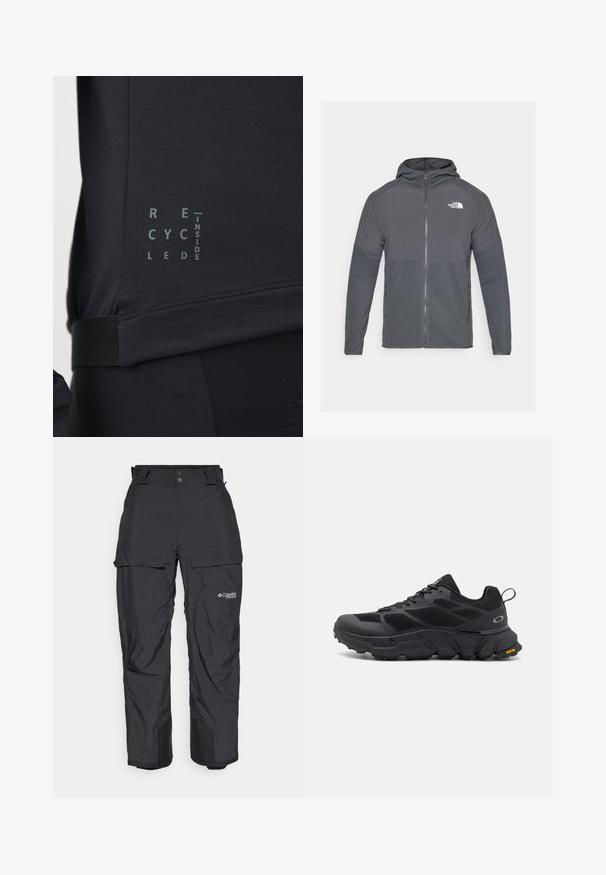 Grå fleecejakke med glidelås foran, hette og kontrastfargede teksturerte paneler. Har The North Face-logoen på øvre venstre side.; Svart treningstop med en jevn tekstur, elastisk midje og tekstgrafikk som sier "RESIRKULERT INNI" i kontrasterende grå.; Svart vanntette utendørsbukser med en avslappet passform, justerbar midje, sidelommer og forsterkede ankelmanchetter.; Svarte sportssko med en kraftig såle, mesh- og syntetisk overdel, teksturerte detaljer og Vibram-merket på sålen.