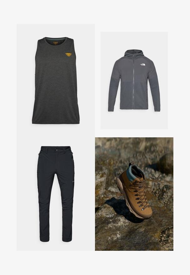 Harmaa fleece-takki, jossa on vetoketjullinen etuosa, huppu ja erottuvat rakennepaneelit. Takissa on The North Face -logo vasemmassa yläkulmassa.; Tummanharmaa hihaton urheilupaita, joka on valmistettu tekstuurimateriaalista. Sen vasemmassa ylärintakehässä on pieni keltainen logo.; Mustat ulkoiluhousut suoralla mitoituksella, joissa on vetoketjulliset taskut, vyölenkit ja kevyt, kestävä kangas.; Ruskeat vaelluskengät, joissa on synteettinen päällinen, vaaleansininen kaulus, metalliset nyörilenkit ja puhdas kumipohja. Suunniteltu ulkoilmaaktiviteetteihin.