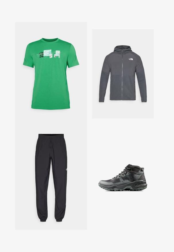 Graue Fleecejacke mit einem Reißverschluss auf der Vorderseite, Kapuze und kontrastierenden strukturierten Einsätzen. Mit dem Logo von The North Face auf der oberen linken Seite.; Grünes T-Shirt mit kurzen Ärmeln aus weichem Stoff, mit einem grafischen Design auf der Vorderseite, das naturthemed Quadrate und Umrisse zeigt.; Schwarze Sporthosen aus leichtem Stoff, mit einem Kordelzugbund, seitlichen Taschen und schmal zulaufenden Bündchen an den Knöcheln.; Schwarzer, mittelhoher Wanderschuh mit einem strukturierten Mesh-Obermaterial, verstärkter Zehenkappe und robustem Profil mit tiefen Stollen für optimale Trittfestigkeit.