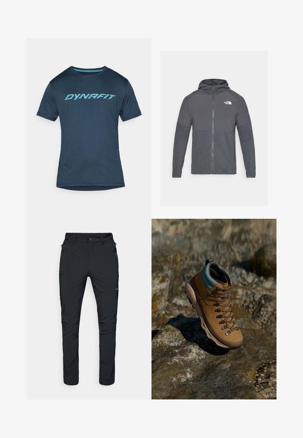 Gray fleece jacket with a zippered front, hood, and contrasting textured panels. Features The North Face logo on the upper left side.; Navy blue short-sleeve athletic T-shirt featuring a turquoise "DYNAFIT" logo across the chest, made from lightweight, breathable fabric.; Black outdoor trousers with a straight fit, featuring zip pockets, belt loops, and a lightweight, durable fabric texture.; Brown hiking boot with a synthetic upper, light blue collar, metal eyelets, and textured rubber sole. Designed for outdoor activities.