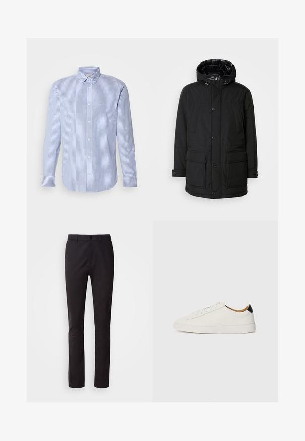 Melna parkas jakas ar kapuci, kurai ir vairāki priekšējie kabatas, pogu aizdare un teksturēta virsma. Oderēta ar spīdīgu materiālu.; Calvin Klein STRIPE SHIRT - Krekls - white/dutch blue; Melnas bikses no gludas auduma, ar pogu aizdari, standarta jostasvieta un taisniem kāju griezumiem. Nav redzamu rakstu vai rotājumu.; Balti apavi ar gludu ādas augšdaļu, apaļu purngalu un plakanu zoli. Melns akcentus papēdī, ar tonālām šņorēm un minimālu zīmolu.