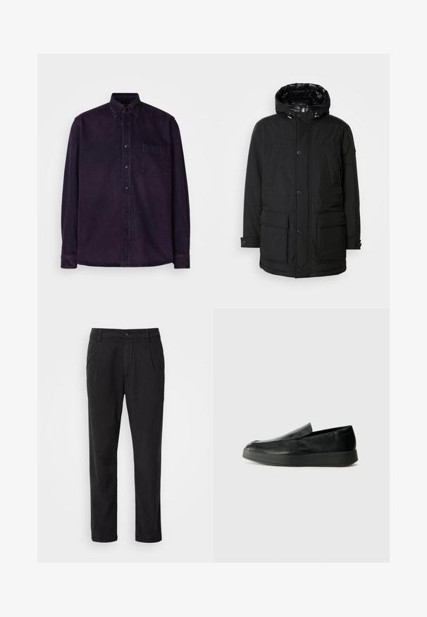 Schwarze Parkajacke mit Kapuze, ausgestattet mit mehreren Fronttaschen, einer Knopfleiste und einer strukturierten Außenseite. Gefüttert mit glänzendem Material.; Dunkellila Button-up-Hemd aus Baumwolle mit einer Brusttasche, klassischem Kragen, langen Ärmeln und schwarzen Knöpfen. Glatte Textur.; Schwarze Hosen aus glattem Stoff mit geradem Bein, vorderen Falten und einem Knopfverschluss an der Taille.; Calvin Klein HYBRID CUP - Slipper - triple black
