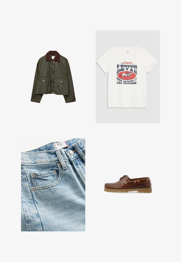Olivgrüne, cropped Jacke mit braunem Cordkragen und -bündchen, vorderen Druckknöpfen und zwei großen vorderen Klapptaschen.; Weißes Baumwoll-T-Shirt mit einem großen roten und marineblauen Grafikdruck, der ein Pferd und den Text "LEVI'S THE ORIGINAL" in fetten Buchstaben zeigt.; Hellblaues, mittelhohes Denim-Jeanspaar mit strukturiertem Finish, das eine kleine Vordertasche und einen Metallknopfverschluss aufweist. Auffällige Nähte sind sichtbar.; Braune Lederbootsschuhe mit einem niedrigen Schnitt, Schnürdesign, Metallösen und einer strukturierten Gummisohle, die entlang der Vorderseite genäht ist.