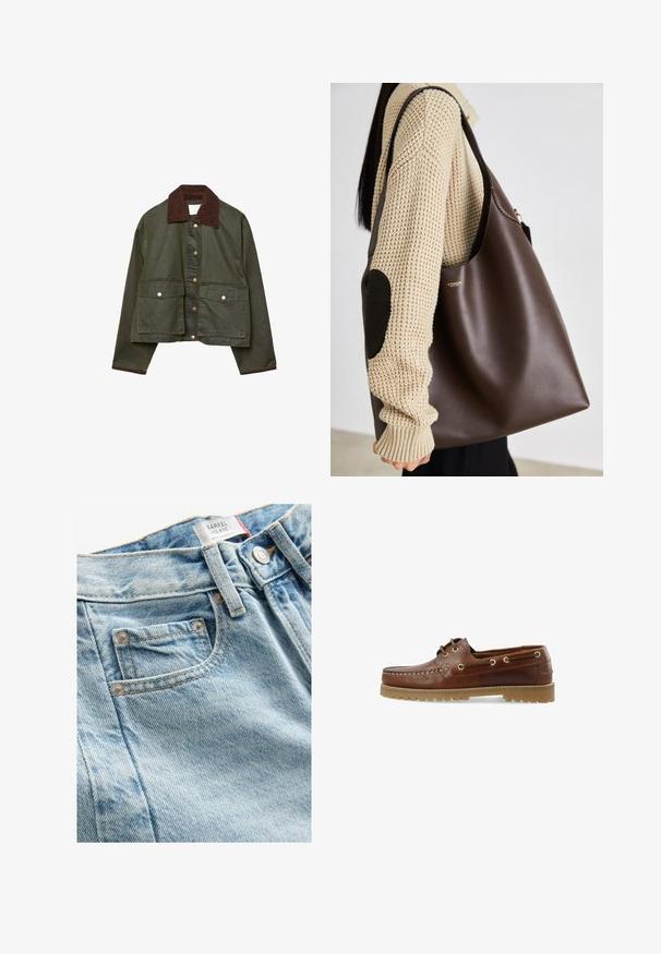 Oliwkowa kurtka typu cropped z brązowym kołnierzem i mankietami z korduroyu, z przednimi zapięciami na napy oraz dwoma dużymi kieszeniami z klapami z przodu.; Biała bawełniana koszulka z dużym czerwonym i granatowym nadrukiem graficznym przedstawiającym konia oraz z napisem "LEVI'S THE ORIGINAL" napisanym dużymi literami.; Jasnoniebieskie dżinsy o średnim stanie z teksturowanym wykończeniem, z małą przednią kieszenią i metalowym zapięciem. Widoczne charakterystyczne przeszycia.; Brązowy skórzany but żeglarski z niskim cięciem, sznurowanym wzorem, metalowymi oczkami i teksturowaną gumową podeszwą, z przeszyciem z przodu.; Brązowa skórzana torba typu tote o pojemnym designie. Charakteryzuje się gładką fakturą i subtelnym złotym logo. Połączona z kremowym swetrem z dzianiny.