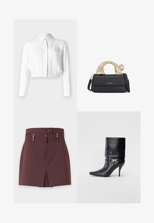 Juodas odinis švarkas su dirželiu juosmenyje, auksiniais priedais, asimetrišku užtrauktuko dizainu ir keturiais užtrauktukais uždaromais kišenėmis. Lygi tekstūra.; Juodas golfas su ilgomis rankovėmis, raukšlėtu tekstūru, lengvu mezgimo materiału ir prigludusia siluetu. Nėra matomų logotipų ar raštų.; Balta trumpa palaidinė su ilgomis rankovėmis, smailiu apykakle, priekiniais mygtukais ir vienu krūtiniu kišeniu. Lygi, lengva medžiaga.; Bordo mini sijonas su siauru siluetu, turintis priekinį užtrauktuką, dekoratyvinius užtrauktukus, skeltuką ir mygtuko uždarymą su auksiniais akcentais.; Juodos odinės kulkšninių botų su smailiu nosiu, aukštu stiletto kulnu, apvyniojamu kraštu ir auksine dekoratyvine sagtimi prie kulkšnies.; Juodas odinis rankinukas su auksine katės formos rankena, turintis priekinę atvartą, reguliuojamą diržą ir logotipo detalę apatiniame priekyje.
