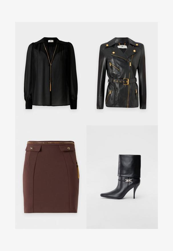 Melna ādas jaka ar jostas vidukli, zelta elementi, asimetriska rāvējslēdzēja konstrukcija un četri rāvējslēdzēja kabatas. Gluda tekstūra.; Melnas turtlenecks džemperis ar garām piedurknēm, ribota tekstūra, viegla adīta materiāla un pieguļoša silueta. Nav redzamu logotipu vai apdrukas.; Melna caurspīdīga blūze ar garām piedurknēm, plašu apkakli un zeltītu ķēdi ar pušķīša piekariņu, kas karājas priekšā.; Brūns pieguļošs mini svārki ar zelta ķēdes jostu, dekoratīvām pogām ar atloks un zelta bārkstīm uz viendabīga fona.; Melnas ādas potīšu zābaki ar smailu purngalu, augstu stiletto papēdi, salocītu aproci un zeltītu dekoratīvu sprādzi uz potītes.