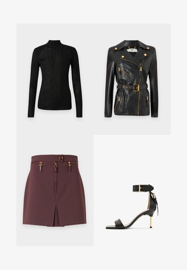 Musta nahkatakki, jossa on vyö, kultaiset yksityiskohdat, epäsymmetrinen vetoketjusuunnittelu ja neljä vetoketjullista taskua. Sileä pinta.; Musta poolapaita, jossa on pitkät hihat, ribbikuvio, kevyt neulottu materiaali ja tiukka siluetti. Ei näkyviä logoja tai kuvioita.; Hame mini burgundi, muotoiltu ohueksi, etuvetoketjulla, koristeellisia vetoketjuja, halkio ja kultakuvioinen nappisuljenta.; Musta nahkainen korkokenkä, jossa on neliönmuotoinen kärki, nilkkahihna, jossa on kultainen solki, ja hoikka metallinen korko. Sileä pinta, minimalistinen muotoilu.