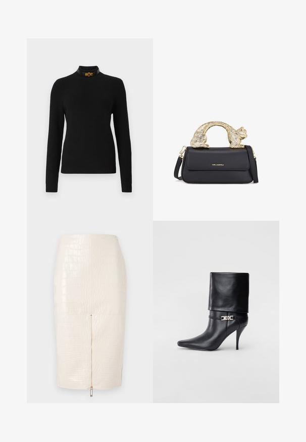 Must mustri nahkakeelega, vöödega taljes, kuldse riistvaraga, ebatasase luku disainiga ja nelja lukuga taskuga. Sujuv tekstuur.; Must musträpiga musta kampsun pikkade varrukatega, kõrge kaelusega ja kontrastse musta kraega, millel on kuldne detail.; Krokodillimustriga faux nahast pliiatsiseelik kreemjas värvitoonis, tagumise tõmbluku sulgemise ja siledat, läikivat tekstuuri. ; Mustad nahast pahkluu saapad terava nina, kõrge stilettokanna, volditud äärega ja kuldse dekoratiivse pandlaga pahkluul.; Must või voodri tasku ja kuldne kassi kujuline käepide, millel on esine klapp, reguleeritav rihm ja logodetail alumisel ees.