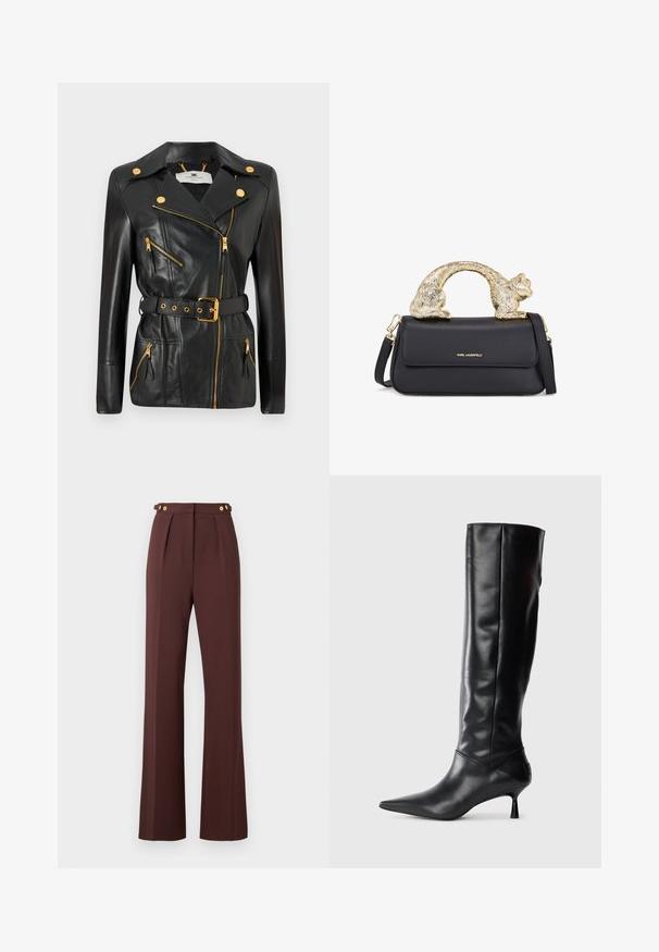 Melna ādas jaka ar jostas vidukli, zelta elementi, asimetriska rāvējslēdzēja konstrukcija un četri rāvējslēdzēja kabatas. Gluda tekstūra.; Melnā drānā kleita, kas izgatavota no teksturēta auduma, ar vairākiem slāņiem un saplācotu kakla izgriezumu, radot apjomīgu siluetu.; Augstās vidukļa brūnas platas bikses ar priekšējām krokām un zelta pogu detaļām uz regulējamām vidukļa siksnām.; Melnas ādas ceļgala augstuma zābaki ar norādītu purngalu un plānu izliekumu papēdi. Gluda tekstūra, pieguļošs dizains un bez redzamām detaļām vai rakstiem.; Melnā ādas rokassoma ar zeltītu kaķa formas rokturi, ar priekšējo vāku, regulējamu siksnu un logo detaļu apakšējā priekšā.