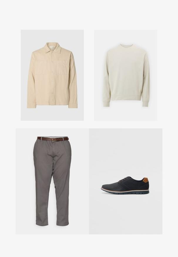 Giacca camicia in corduroy beige con maniche lunghe, due tasche sul petto, chiusura a bottoni e colletto classico su sfondo grigio chiaro.; Felpa beige chiaro realizzata in morbido tessuto con collo rotondo, maniche lunghe e polsini e orlo a costine. Design minimalista, senza motivi visibili.; Pantaloni grigi con una vestibilità rilassata, dotati di una cintura in pelle marrone, tasche laterali e una trama di tessuto liscia. Orlati alla caviglia.; Scarpe sintetiche nere con tomaia testurizzata, dettagli lisci, tacco marrone e suola a contrasto. Presentano una lacerazione minimale e dettagli di cucitura.
