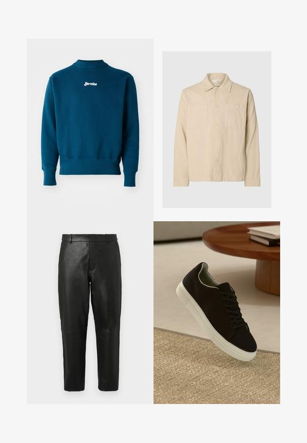 Beige corduroy shirt jacket with long sleeves, two chest pockets, button front, and classic collar on light grey background.; Teal sweatshirt with ribbed cuffs and hem, featuring a white embroidered "Service" logo on the upper back. Soft texture and crew neck design.; Black leather straight-leg trousers with belt loops and side pockets, displayed against a plain light background.; Black sneaker with white sole floating above beige textured rug near round wooden table with stacked books.
