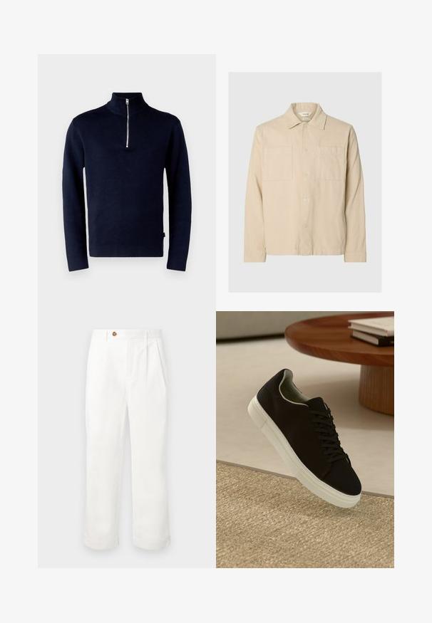 Beežist korduroy särgijakk, millel on pikad varrukad, kaks rinna taskut, nööbid ees ja klassikaline krae, helesinise halli taustal.; Jack & Jones PREMIUM JPRBLAMILANO HALF ZIP - Džemper - night sky; Valged puuvillased püksid sirge lõikega, millel on kaks esist kumerust, üks nööbiga kinnitamine ja küljetaskud. Sile tekstuur.; Mustad musta tossuga valge tallaga, mis hõljub beeži tekstuuriga vaiba kohal, ümaral puidust laual, mille peal on kokku virnastatud raamatud.