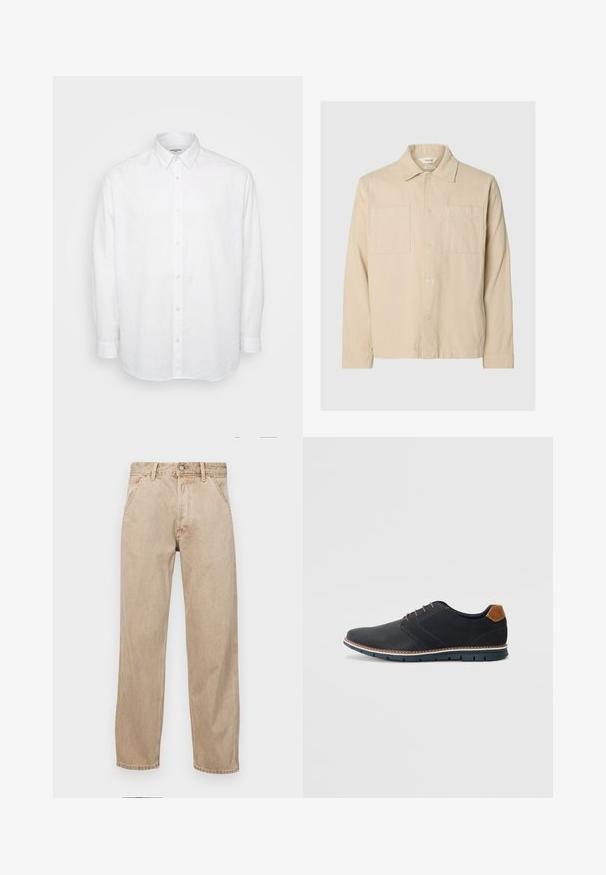 Beige corduroy shirt jacket with long sleeves, two chest pockets, button front, and classic collar on light grey background.; White long-sleeve shirt made of lightweight linen, featuring a button-down collar, front buttons, and a relaxed fit with cuffed sleeves.; Beige denim jeans with a straight leg design, featuring front pockets, a metal button closure, and subtle texture.; Black synthetic shoes with a textured upper, smooth accents, brown heel, and a contrasting sole. Features minimal lacing and stitch details.