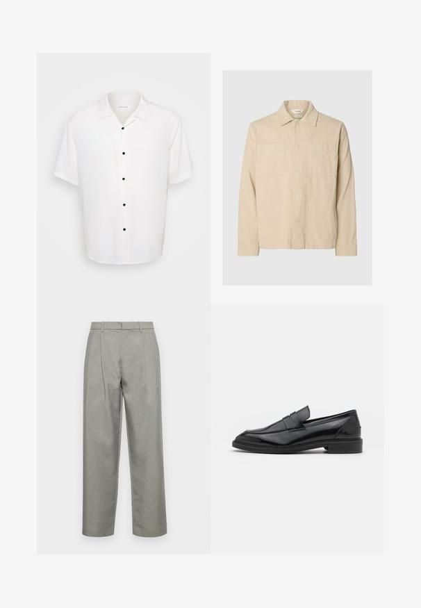 Beige Corduroy-Hemdjacke mit langen Ärmeln, zwei Brusttaschen, Knopfverschluss und klassischem Kragen auf hellgrauem Hintergrund.; Weißes Kurzarmhemd mit einem Kragen und fünf schwarzen Knöpfen auf der Vorderseite, aus einem glatten, leichten Stoff.; Graue maßgeschneiderte Hose aus strukturiertem Stoff mit geradem Bein, Bundfalten und einem Standardbund mit Gürtelschlaufen.; Schwarze Lederloafers mit glatter Oberfläche, runder Spitze und schmalem Riemen über dem Obermaterial. Niedriger, gestapelter Absatz.