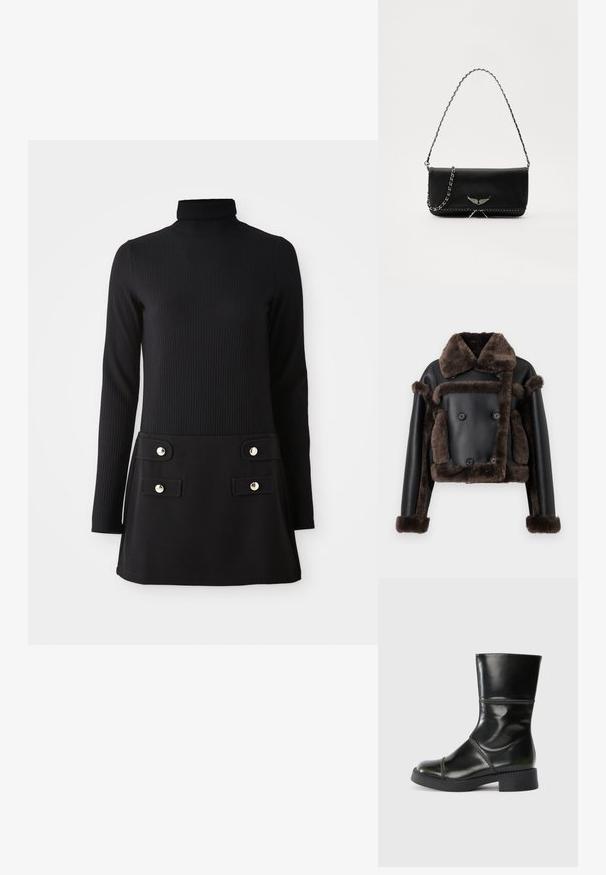 Črna umetna usnjena jakna z temno rjavim ovitkom iz jagnječje kože na ovratniku, manšetah, sprednjem delu in žepih, z dvorednim gumbom.; Črna rebrasta obleka s turtleneck ovratnikom in dolgimi rokavi, ki ima oprijet trup in razširjen krilo z dvema sprednjima žepoma ter zlatimi gumbi.; Črne usnjene gležnjarje z zaobljenim nosom, gladko površino, kontrastnim šivanjem in blokastim peto, ki ima nekoliko zožen silhueto.; Črna usnjena torbica s srebrnim verižnim ročajem, ki ima okrasne krilate poudarke in belo šivanje ob spodnjem šivu.