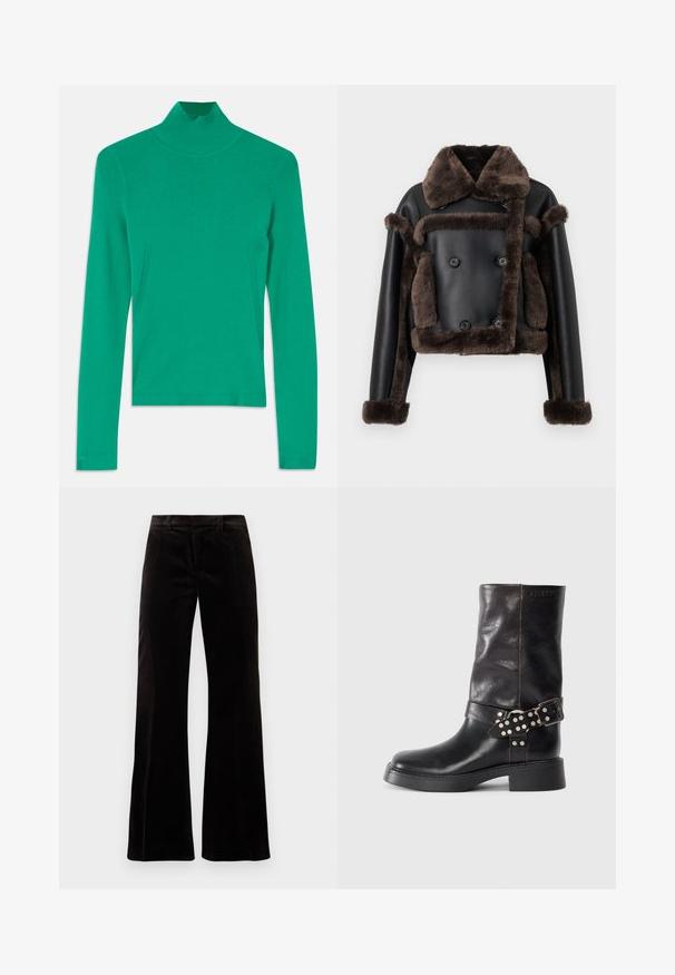 Melnas mākslīgās ādas jaka ar tumši brūnu vilnas apdari apkaklē, aprocēs, priekšā un kabatās, ar divu rindu pogām.; Zaļš augsts kakls džemperis, izgatavots no ribota adījuma auduma, ar garām piedurknēm un smalkām sānu šuvēm, kas nodrošina elegantu un piegulošu izskatu.; Melnas korduroja flared bikses ar strukturētu jostasvietu, gludu tekstūru un platām kāju atverēm, izveidojot brīvu siluetu.; Melna ādas potīšu zābaku dizains ar noapaļotu purngalu, masīvu papēdi un dekoratīvu sprādzi ar sudraba uzgaļiem. Gluda tekstūra.