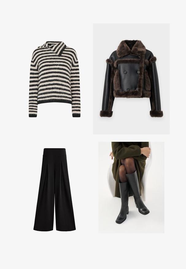 Čierna umelá kožená bunda s tmavohnedým ovčím kožuchom na golieri, manžetách, prednej časti a vreckách, s dvojradovým gombíkovým dizajnom.; Prúžkovaný sveter s golierom. Vyrobený z jemnej textúrovanej tkaniny v tmavosivej a krémovo bielej pruhovanej kombinácii. Voľný strih s dlhými rukávmi.; Čierne široké nohavice vyrobené z mäkkej tkaniny, so širokým pásom a záhybmi pre väčší objem. Hladký, beztextúrovaný povrch.; Čierne kožené čižmy po kolená so štvrtým prstom a blokovým opätkom, zobrazené s modelom sediacim v olivovo zelenej bunde. Hladká textúra, minimálne detaily.