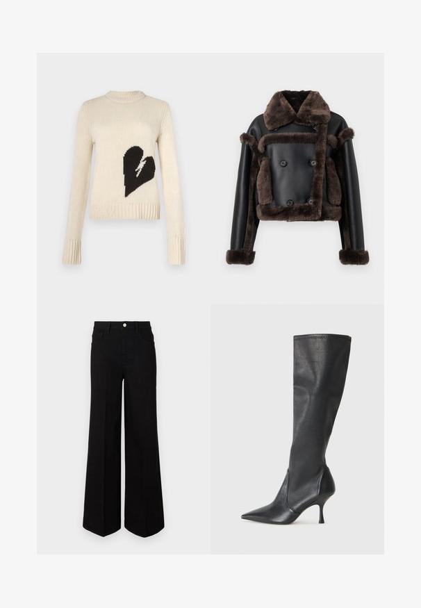 Melnas mākslīgās ādas jaka ar tumši brūnu vilnas apdari apkaklē, aprocēs, priekšā un kabatās, ar divu rindu pogām.; Krēmkrāsas adīts džemperis ar lielu melnu sirds dizainu priekšpusē, ribotu apakšmalu un piedurknēm, kā arī apaļu kakla izgriezumu.; Melna plaša kāju džinsi, izgatavoti no izturīga auduma, ar augstu jostasvietu, priekšējām kabatām un priekšējo pogu aizdari. Džinsu apakšā ir taisns apmale.; Ceļa auguma melni ādas zābaki ar smailu purngalu un šauru stiletto papēdi. Gluda tekstūra ar pieguļošu dizainu un izšuvumiem augšējā malā.