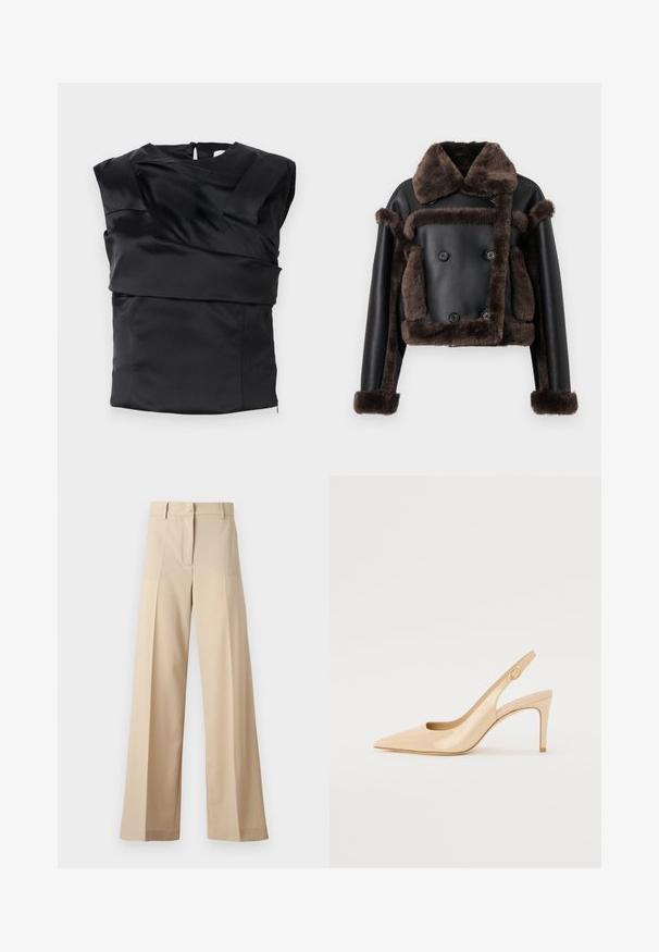 Čierna umelá kožená bunda s tmavohnedým ovčím kožuchom na golieri, manžetách, prednej časti a vreckách, s dvojradovým gombíkovým dizajnom.; Čierny saténový top s regulovaným dizajnom, širokými ramenami a asymetrickým predným panelom, zapínaný na zips vzadu.; Béžové široké nohavice vyrobené z hladkej tkaniny, s plochým predným dielom s skladmi, zipsom a pútkami na opasok. Celkový strih je upravený.; Nude patent leather slingback topánky na vysokom podpätku s špicatou špičkou, otvorenou špičkou a tenkým stiletto podpätkom. Obsahuje kruhový zlatý akcent na popruhu.