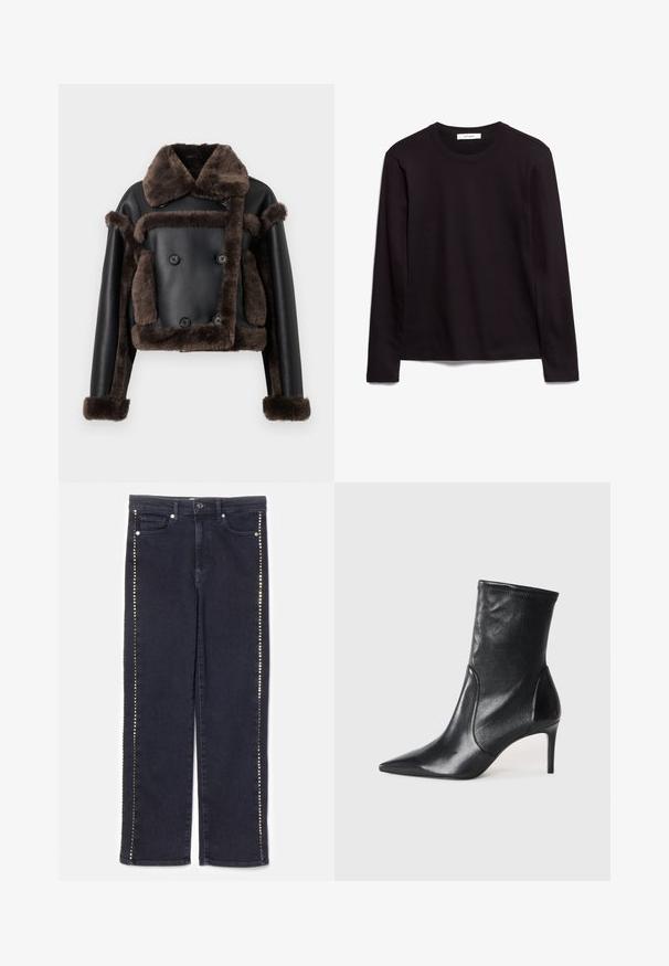 Crna jakna od umjetne kože s tamnosmeđim ovčjim krznom na ovratniku, manžetama, prednjem dijelu i džepovima, s dvostrukim gumbima.; Crna majica dugih rukava s okruglim izrezom, izrađena od teksturirane tkanine, s ravnim rubom i šivenim detaljima na ovratniku i ramenima.; Tamne traperice tamne denima s ravnim nogavicama i nizom metalnih zakovica uz bočne šavove, koje pružaju upečatljiv naglasak.; Crne gležnjače od glatke kože, s uskim vrhom, prilagođenom cijevi i tankim visokim potpeticama. Minimalistički dizajn bez vidljivih metalnih dijelova.