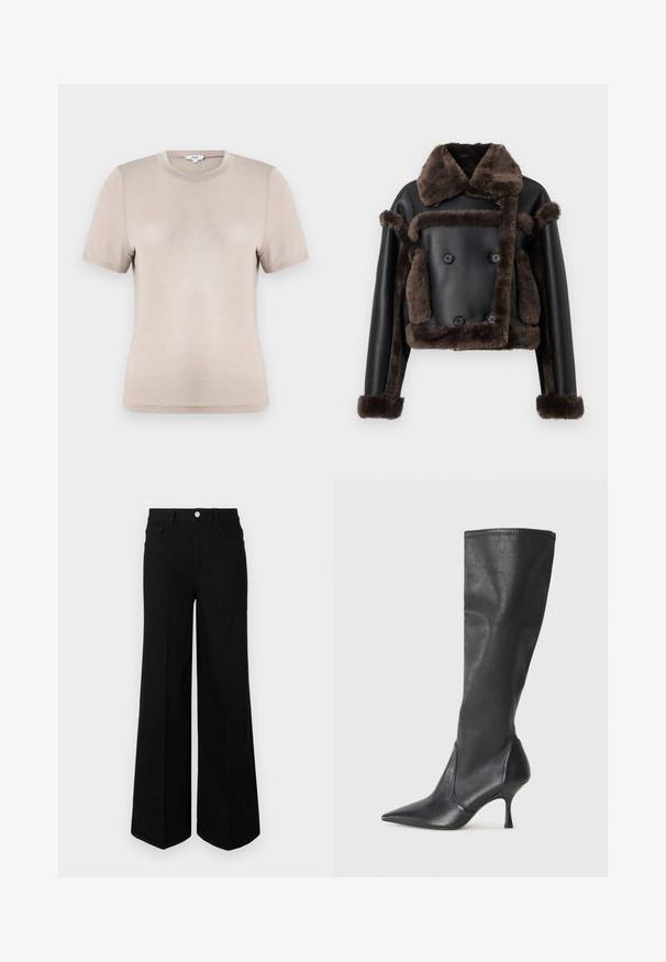 Juodas dirbtinės odos švarkas su tamsiai rudos spalvos avikailio apdaila prie apykaklės, rankogalių, priekinės dalies ir kišenių, su dvigubu mygtukų dizainu.; Šviesiai ruda trumpomis rankovėmis marškinėliai, pagaminti iš minkštos medžiagos. Turintys apvalią iškirptę ir paprastą dizainą, su lygiu paviršiumi ir be matomų raštų.; Juodi plačiakojai džinsai, pagaminti iš tvirto audinio, su aukštu juosmeniu, priekinėmis kišenėmis ir priekiniais mygtukais. Lygus hem pastatytoje apačioje.; Juodų odinių batų iki kelių su smailiu pirštu ir plonu stiletto kulnu. Lygus paviršius, pritaikytas dizainas ir siuvimas viršutiniame krašte.