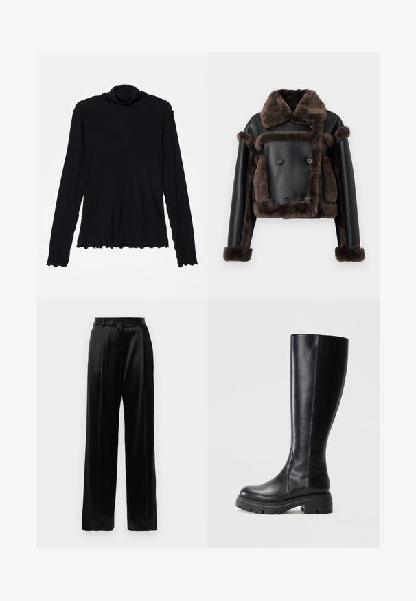 Musta tekonahasta valmistettu takki, jossa on tummanruskeaa lampaanvillaa kauluksessa, hihoissa, edessä ja taskuissa. Takissa on kaksoisnapitus.; Rodebjer CISNE - Pitkähihainen paita - black; Mustat korkeavyötäröiset satiinihousut, joissa on suorat leveät lahkeet, vyölenkit ja litteä etulukko vaalean valkoista taustaa vasten.; Mustat polvipituiset saappaat, jotka on valmistettu sileästä nahasta. Niissä on pyöristetty kärki ja tukeva kumipohja, jossa on urat hyväksi pidoksi.