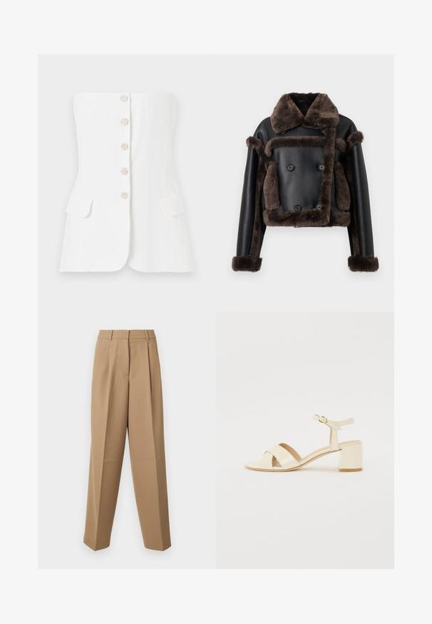 Giacca in finta pelle nera con rifiniture in shearling marrone scuro su colletto, polsini, parte anteriore e tasche, con un design a doppio petto con bottoni.; Maje LIVALU - Top - ecru; Pantaloni beige su misura con vita alta, fronte plissettato e taglio a gamba larga. Il tessuto appare morbido con una leggera lucentezza.; Sandali con tacco in pelle verniciata beige, design con cinturino incrociato, punta aperta, cinturino alla caviglia regolabile e tacco a blocco. Texture liscia.