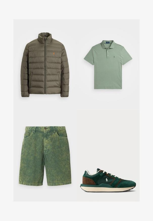 Λαδί πράσινο μπουφάν με φερμουάρ, ψηλό γιακά, οριζόντιο καπιτονέ σχέδιο, τσέπη αριστερά, μικρό πορτοκαλί λογότυπο στο στήθος.; Πράσινο πόλο μπλουζάκι με λευκές ρίγες, κοντά μανίκια και κλείσιμο με τρία κουμπιά. Διαθέτει ένα μικρό λογότυπο στο αριστερό στήθος. Υφή από μείγμα βαμβακιού.; Πράσινες κοντές παντελόνες από κοτλέ με υφή ριμπ, πέντε τσέπες και κλείσιμο με κουμπί. Διακριτοί πιο ανοιχτοί τόνοι σε όλη την επιφάνεια.; Ανδρικά αθλητικά παπούτσια σε σκούρο πράσινο και καφέ suede, με πάνελ από διχτυωτό υλικό, λευκές κλωστές και λάστιχο σόλα. Διαθέτουν λογότυπο στο πλάι.