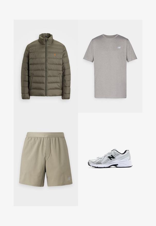 Olive roheline sulejope, lukuga ees, kõrge krae, horisontaalne tikandimuster, vasakul küljel tasku, väike oranž logo rinnal.; Hall narmastee t-särk pehmest kangast, õlavarre pikkusega ja halli tooniga, millel vasakul rinnal on kerge helesinine logo. Ümmargune kaelus, tavaline lõige.; Beežid kerged spordilühikesed, millel on elastne vöökoht, üks eesmine tasku ja logo alumises paremas nurgas. Sile ja kerge kangas.; Hõbedane sportlik king, millel on võrgumaterjal, mustad aktsendid, perforatsioonid ja pehme valge tald. Omab silmapaistvat 'N' logo.